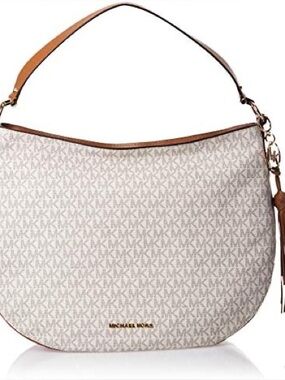 Michael Kors Cream Signature MK Monogram Hobo with Brown Trim